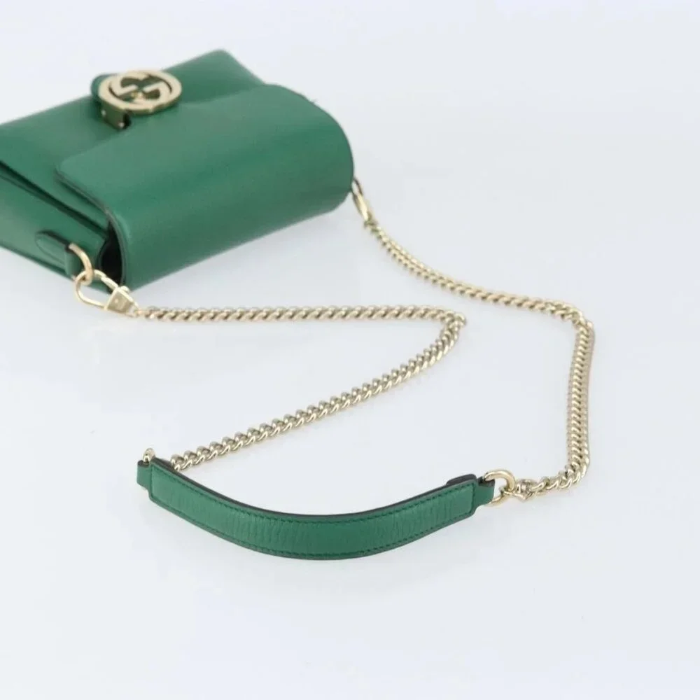 GUCCI Interlocking G Chain Shoulder Bag Leather Green Gold 607720 Auth 158806 - Picture 8 of 16